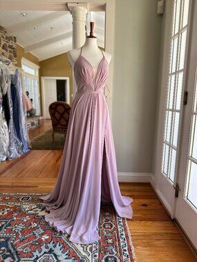 NWT Faviana Mauve Chiffon A-Line Prom Dress V-Neck Lace-Up Back Slit - Size 8